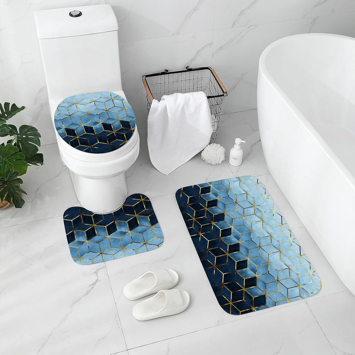 Gibelle 4 Pcs Bathroom Shower Curtain Set with Non-Slip Rugs, Toilet Lid Cover and Bath Mat, Blue Gradient Gold Cubic Lines Luxury Bathroom Decor Set with Shower Curtain and Rugs and Accessories