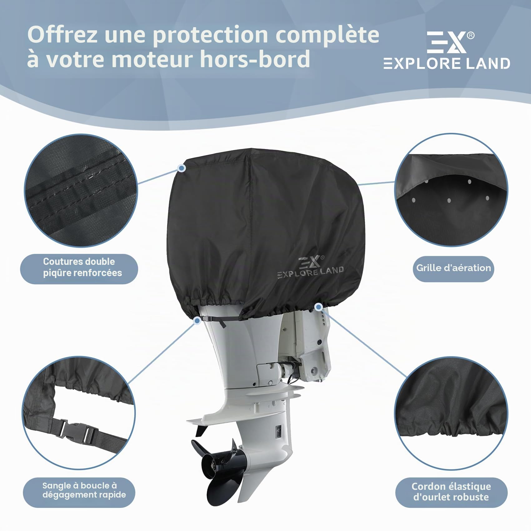 Explore Land Housse de Moteur Hors-Bord de Bateau, Robuste et imperméable en Polyester 600D, pour Moteur de 50 à 115 CV, Noir