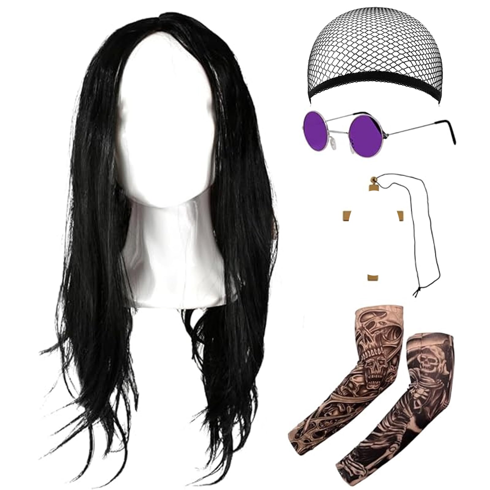 EDLMKM 5Pcs Rocker Wig Set, Rock Costume Set, Black Long Wig, Round Hippy Glasses, Cross Necklace and Tattoo Sleeves, Rocker Fancy Dress Accessories, Costume for Theme Party Halloween Stage Carnival