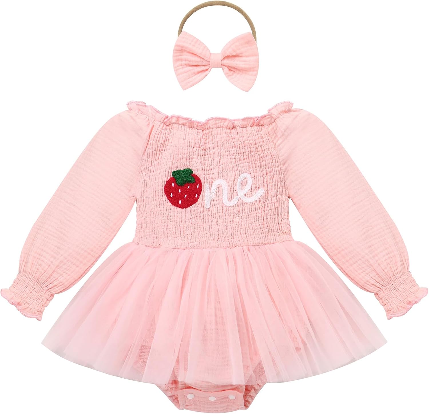 IDOPIP Strawberry Butterfly 1st Birthday Outfit for Baby Girls Embroidery One Romper Smocked Tutu Dress with Headband Clothes