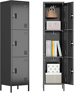 Metal Locker with Hooks and Ventilation Holes,Metal Storage Locker with Keys and Business Card Slot for Home,Gym,Garage,School,Office,66" H×15.75" W× 15.75" D,Assembly Required,Black
