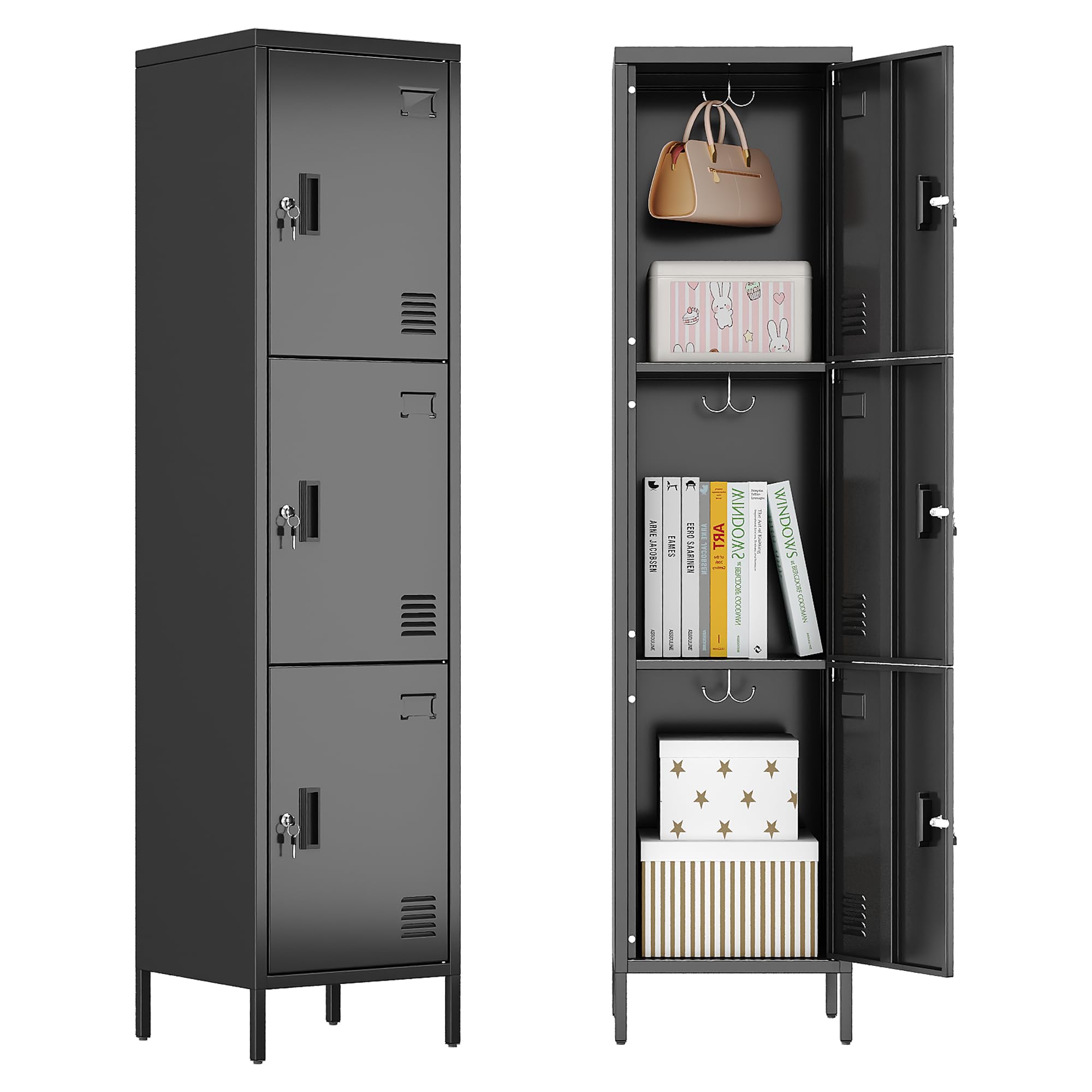 SUPEER Metal Locker with Hooks and Ventilation Holes,Metal Storage Locker with Keys and Business Card Slot for Home,Gym,Garage,School,Office,66" H×15.75" W× 15.75" D,Assembly Required,Black