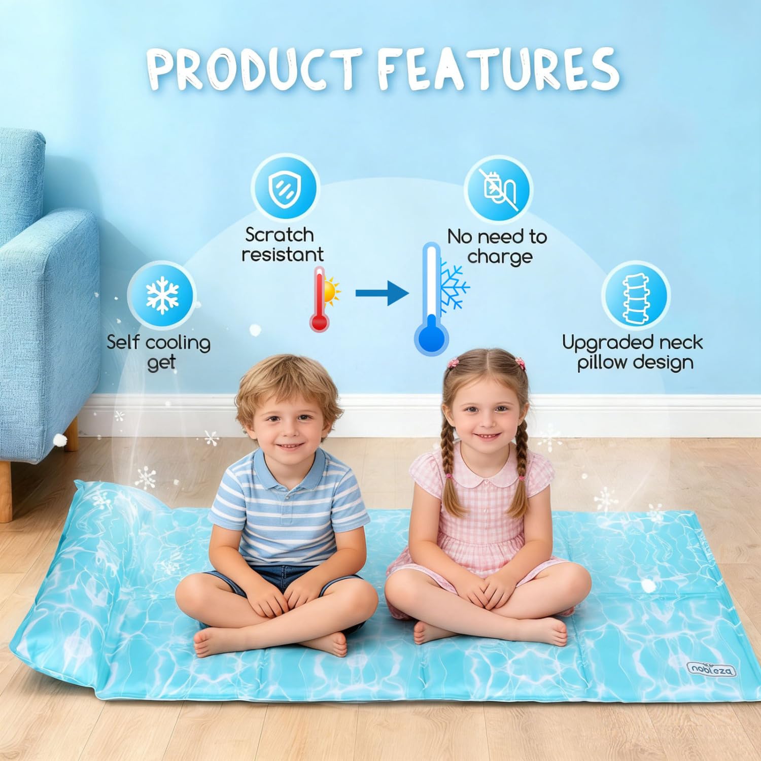 Nobleza Alfombra Refrescante con Almohada Integrada para Cama – Gel Activado por Presión， Enfriamiento Instantáneo sin Agua ni Electricidad – Ideal para Fiebre， Sofocos， Sudores Nocturnos - 70x110cm