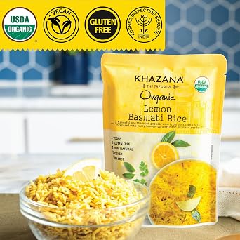 Khazana Lemon Organic Basmati Rice - Ready to Heat (1-Pack, 8.8oz) - Authentic, Aromatic & Flavorful Indian Grain - Non-GMO, Vegan, Gluten-Free, Kosher - Microwaveable Instant Rice in 90 Seconds!