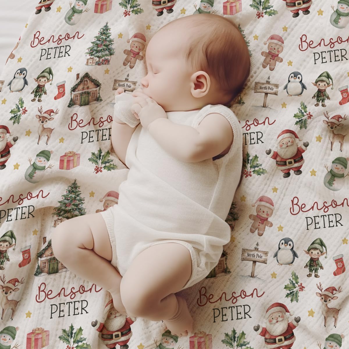 Christmas Baby Blanket - Personalized Baby Christmas Blanket with Custom Name for Boys/Girls - Xmas Gingerbread Cookies Design - Warm Cozy (Festive Baby Name)
