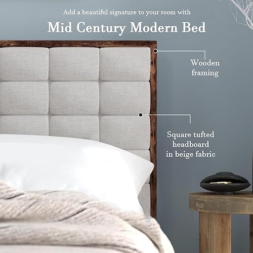 Miniatura 3 de HOMBCK Base de cama tamaño Queen con cabecero, marco de cama Queen de madera de mediados de siglo, marco de cama de madera moderna con cabecera