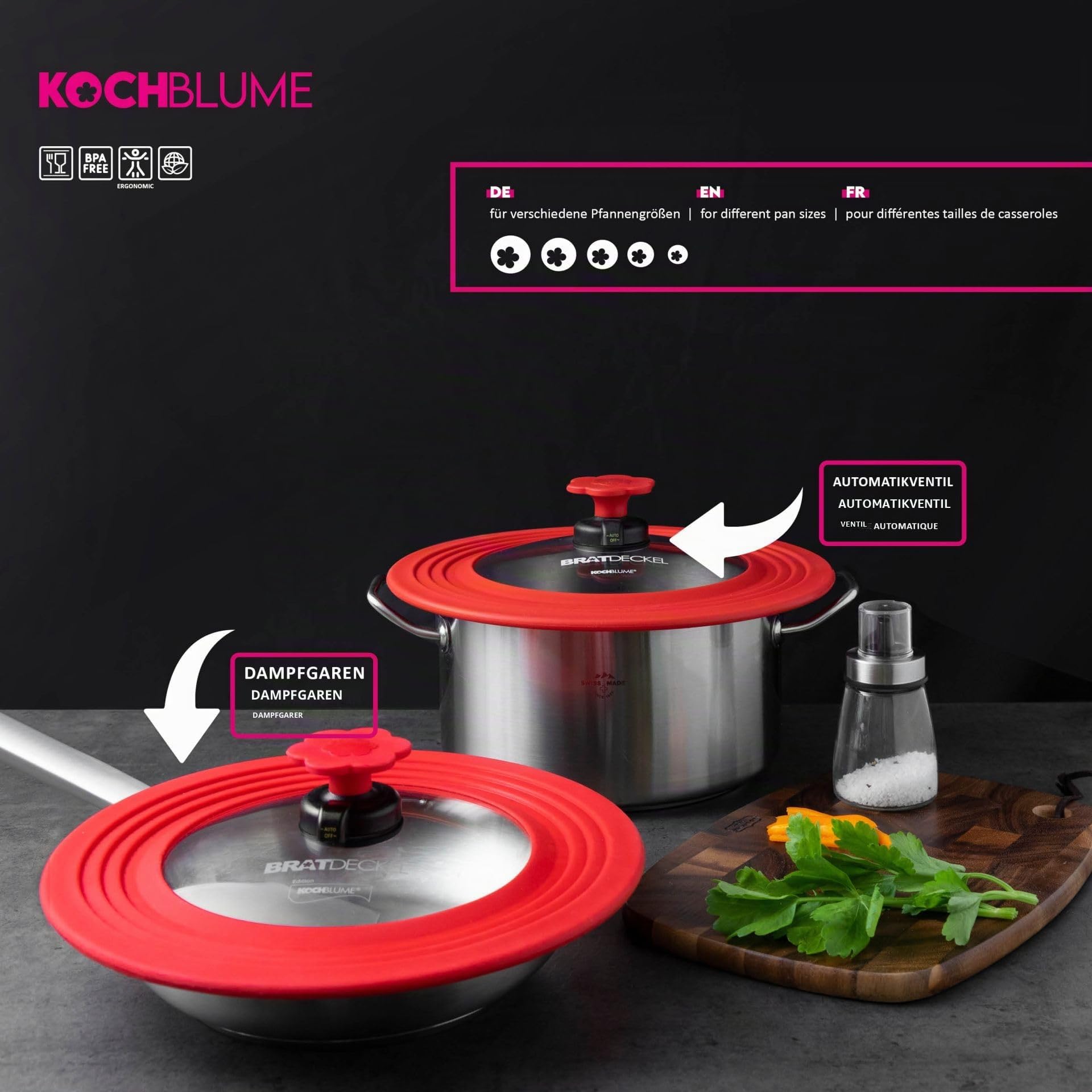 Kochblume Bratdeckel mit Automatikventil | Hitzebeständig bis 180°C | Spülmaschinenfest | Für Töpfe und Pfannen von 22-28cm | Farbe: anthrazit