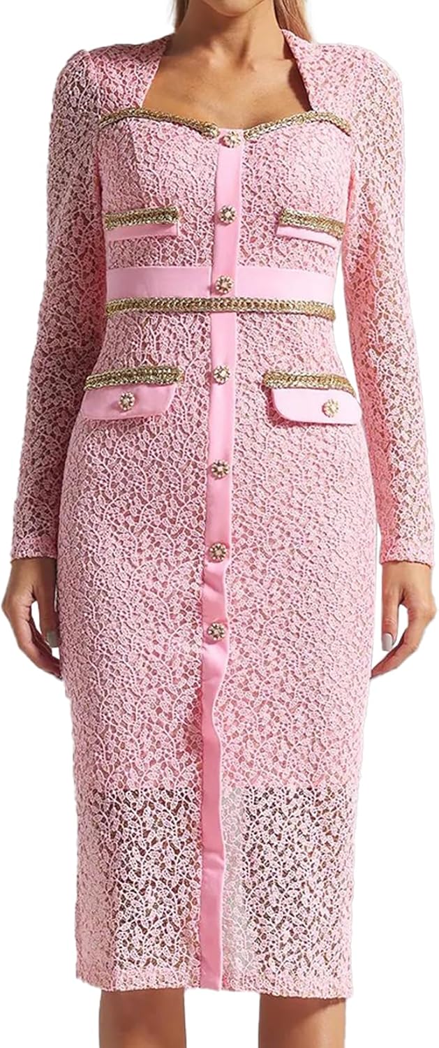 Pink Lace Dress Square Neck Floral Dress Button Down Dress for Women
