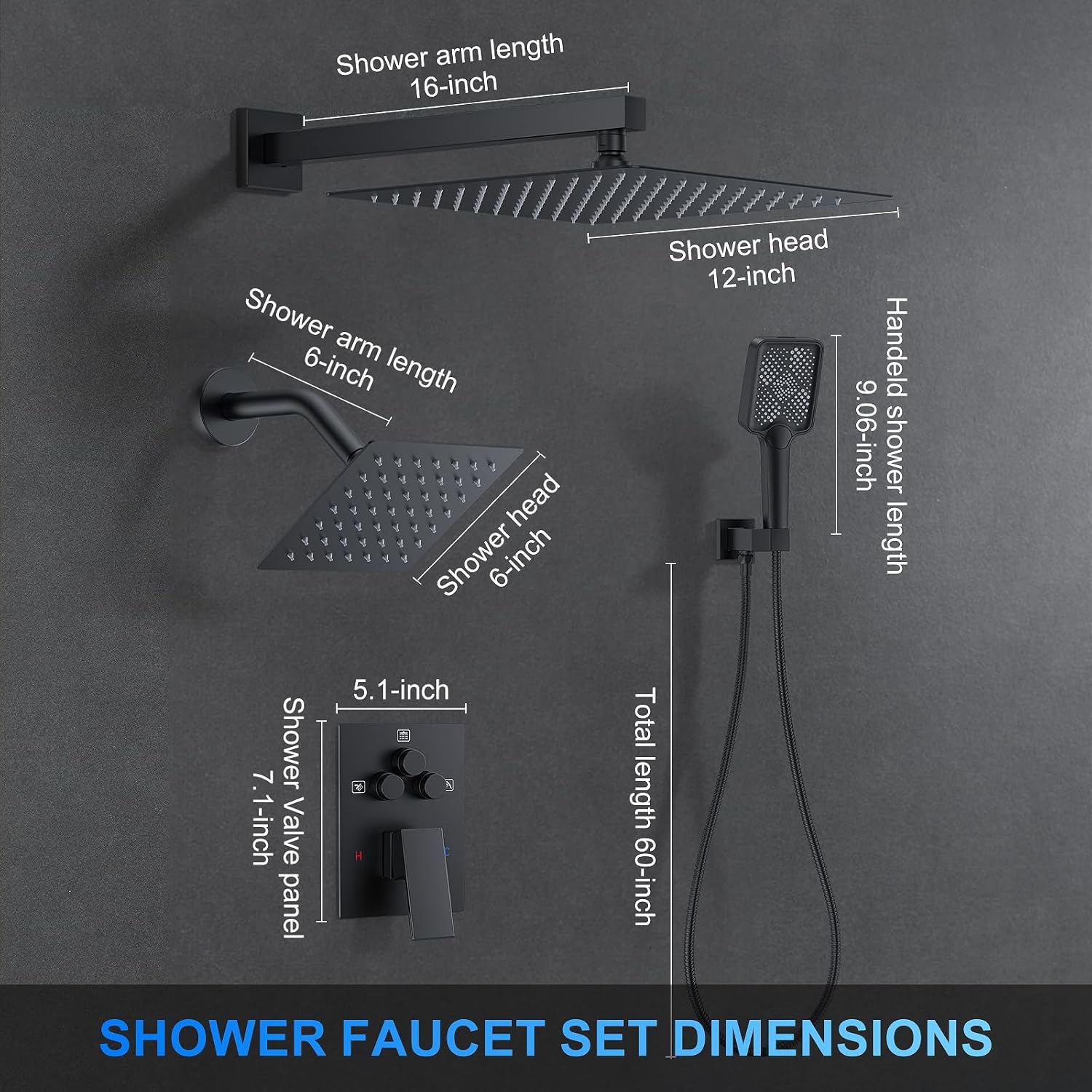 Shower Faucet Set, 12" Wall Mount Rainfall Shower System with 2 Rain Shower Head and Multi-function Handheld Head Push Button Diverter Shower Faucet Trim Kit Matte Black - Image 7