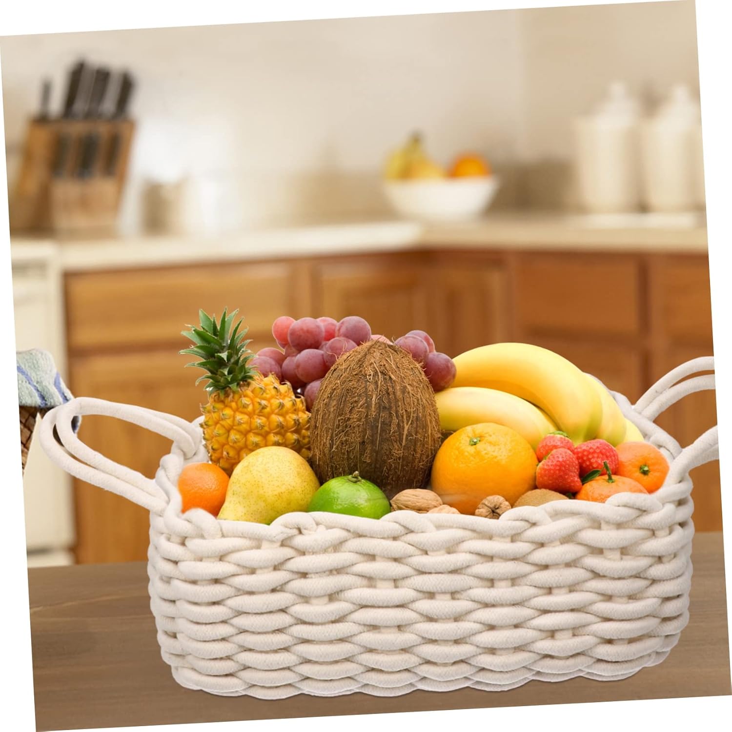 Luxshiny Decorative Cotton Woven Storage Basket Bin with Handles for Nursery Snacks and Household Organization Large Tabletop Organizer for Clothes and Pantry Items