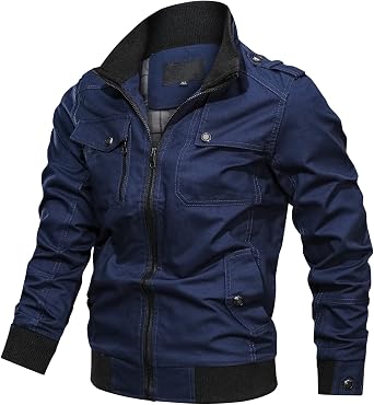 Mens Cargo Jacket Spring Stand Collar Cardigan Full Zipper Coat Casual Outdoor Pocket Long-Sleeved Thin Jackets