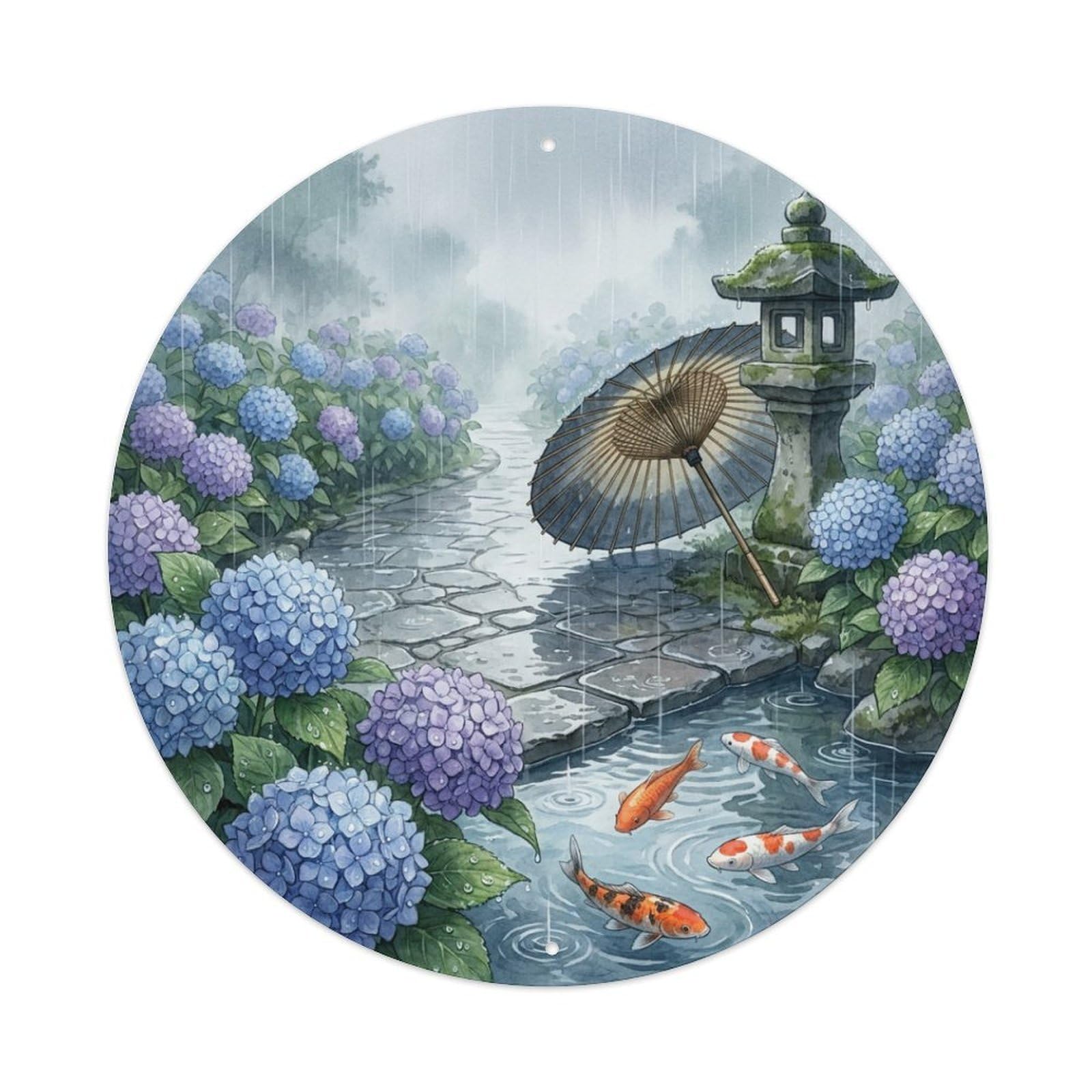 Tgrcjimh Style Metal Tin Sign Japanese Koi Fish Hydrangea Rain Blue Flowers