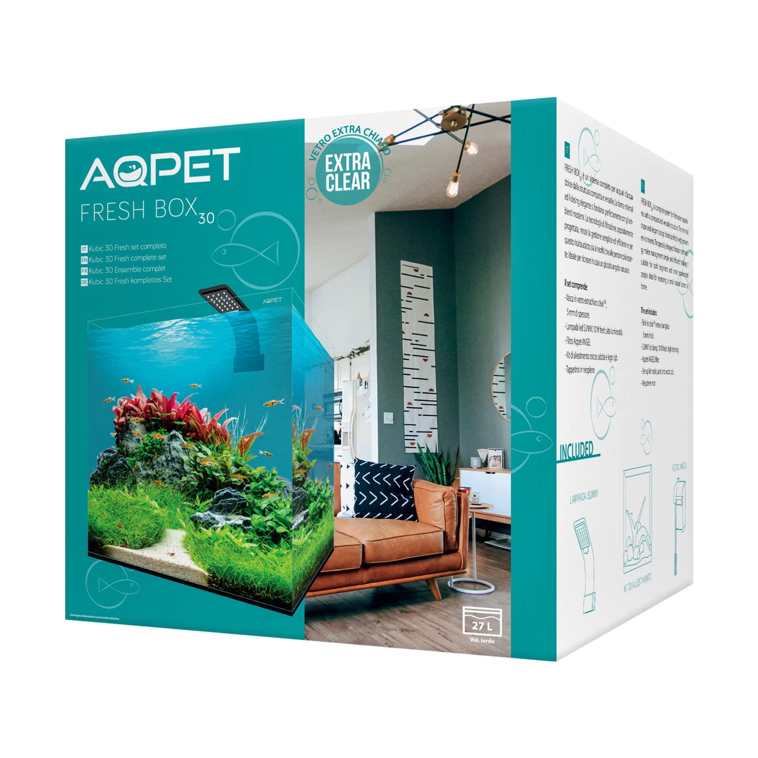 AQPET Akwarium FreshBox 30 kompletny zestaw filtrów świetlnych szklany wystrój bardzo jasny wzór 30 x 30 x 30 cm 27 litrów, przezroczysty