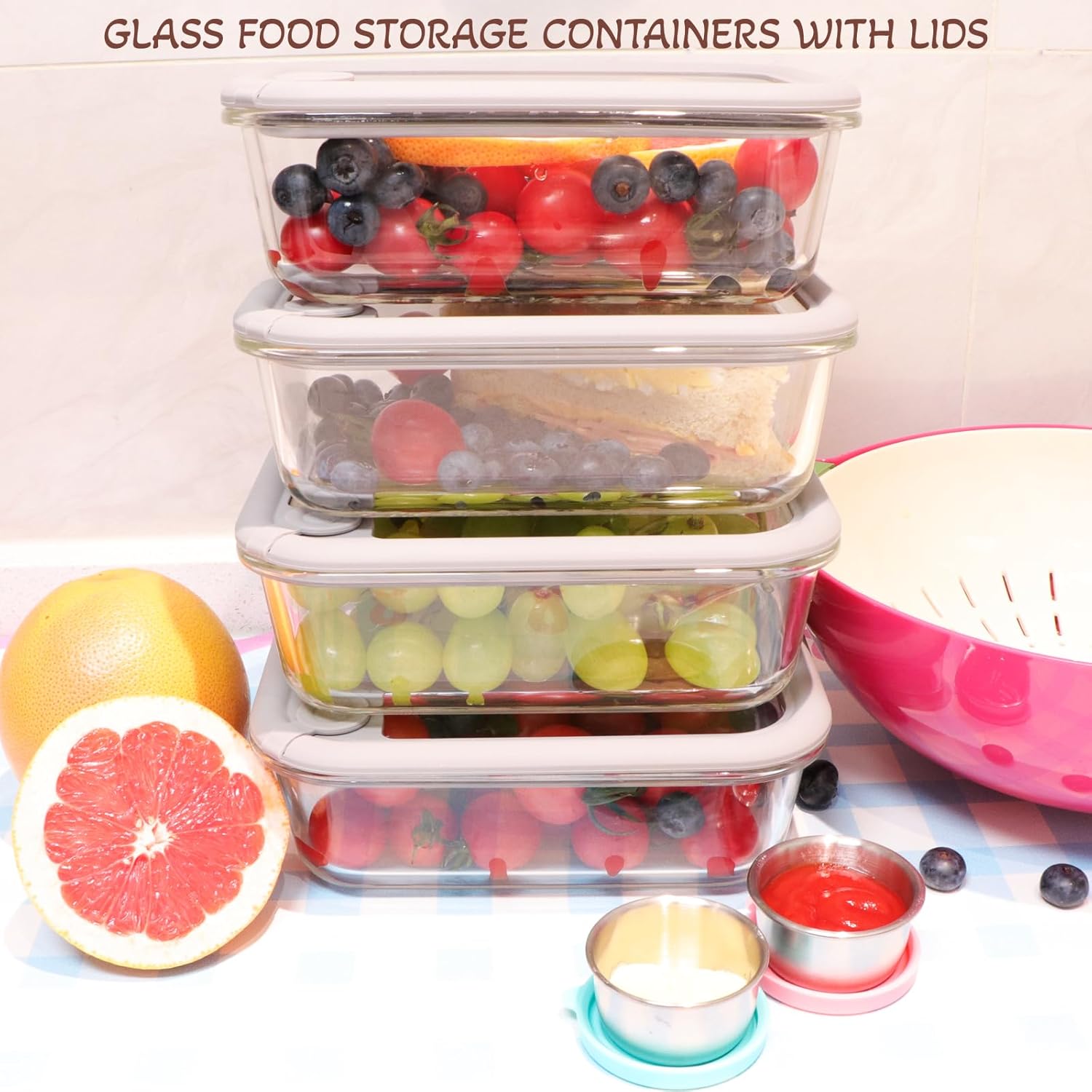 Glass Food Storage Containers with Silicone Glass Lids, Stainless Steel Salad Dressing Containers, Microwave-safe LeakProof Food Containers Set, 4-pack 35 oz（Grey） - Image 5