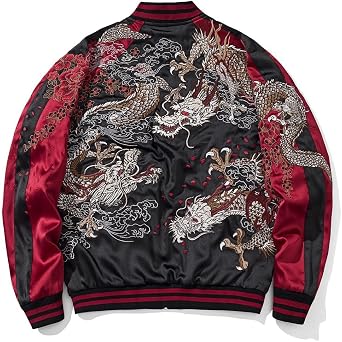 3 Dragon Embroidered Bomber Jacket Japanese Unisex Streetwear Zip Up Satin Windbreaker Coat for Spring Fall