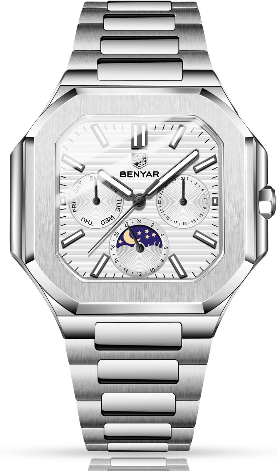BENYAR Men's Quartz Watch, Waterproof 37mm Stainless Steel Watch for Men with Date Day Moonphase, Hardlex Crystal, Slim Casual Dress Wristwatch BY-5221