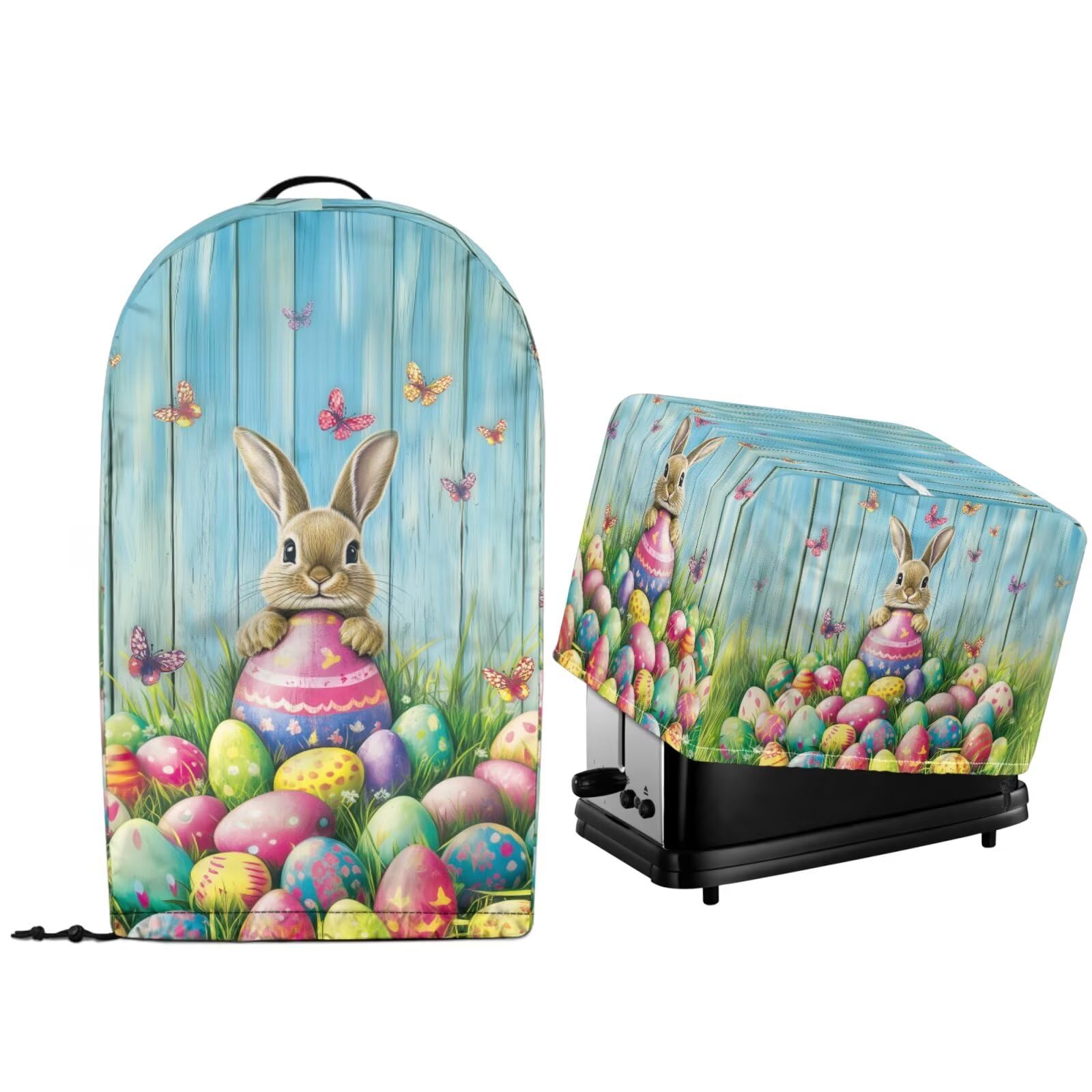 Easter Day Theme Kitchen Appliance Dust Covers with Drawstring Hem Sef of 2 Stand Mix Food Processort Blender Machine and Toaster Dust-proof Covers Colorful Eggs Bunny
