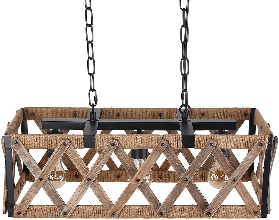 Bеѕt Quаlіtу 🔥 Anmytek Square Metal and Wood Chandelier Basket Pendant Three Lights Oil Black Finishing Rope Net Lamp Shade Retro Vintage Industrial Rustic Ceiling Lamp Caged Light