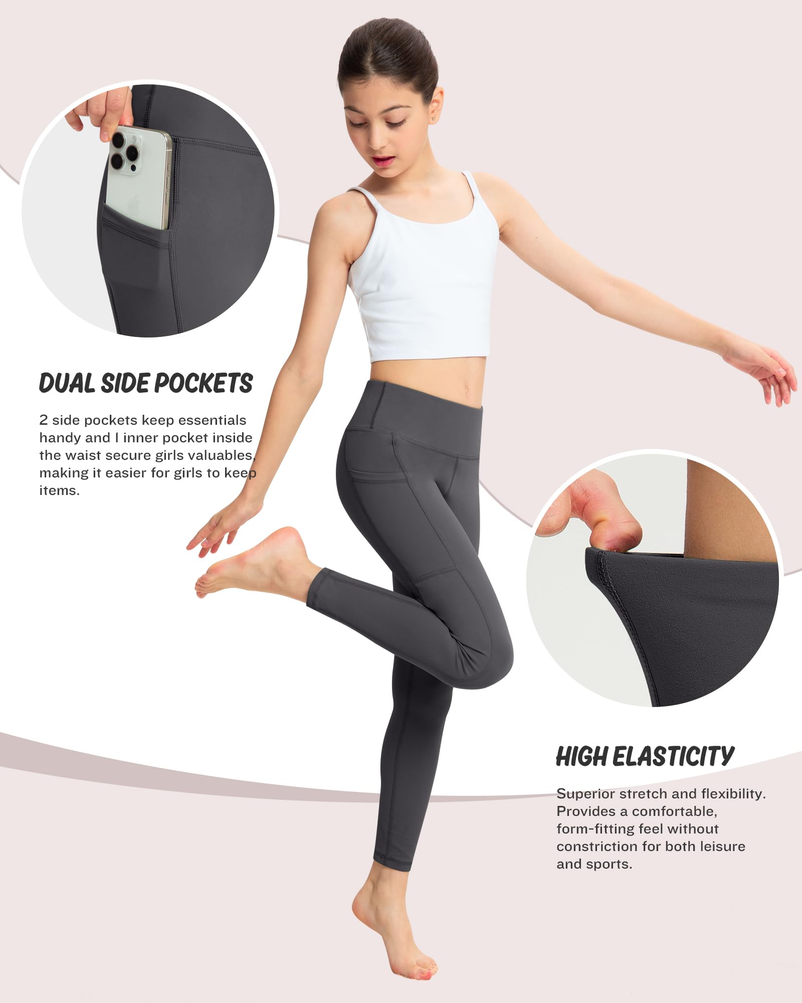 ATHVOTAR Leggings para niñas con bolsillos: pantalones de cintura alta para yoga, entrenamiento, atletismo, baile, correr, 4 paquetes