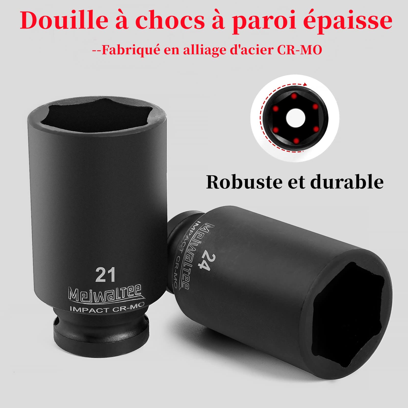 Jeu de douilles à chocs, Meiwaltee 20 Pièces 1/2" Douilles à chocs 6 Pans : 10-24 mm et barre d'extension 3'' 5'' 10'', acier Cr-MO avec revêtement phosphate noir，Douilles et Coffrets,Métrique
