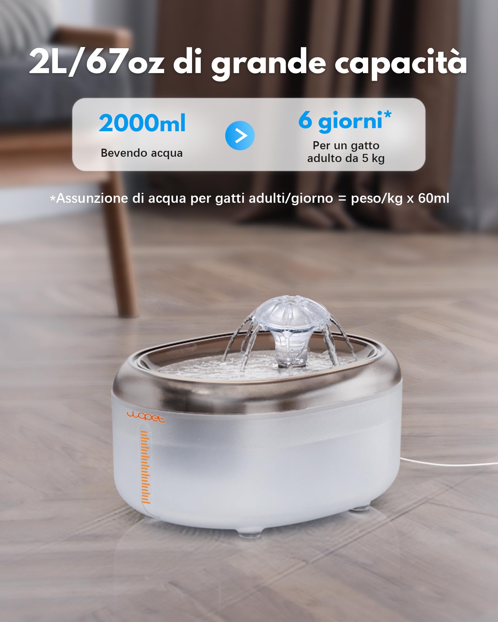 Wopet W300 Fontanella per Gatti con Filtraggio Vero, 2L Dispenser Acqua Gatti Automatico Ultra Silenzioso con Ciotola senza BPA e Filtri a 6 Stadi di Filtraggio（BlancoGris+4 filtro）