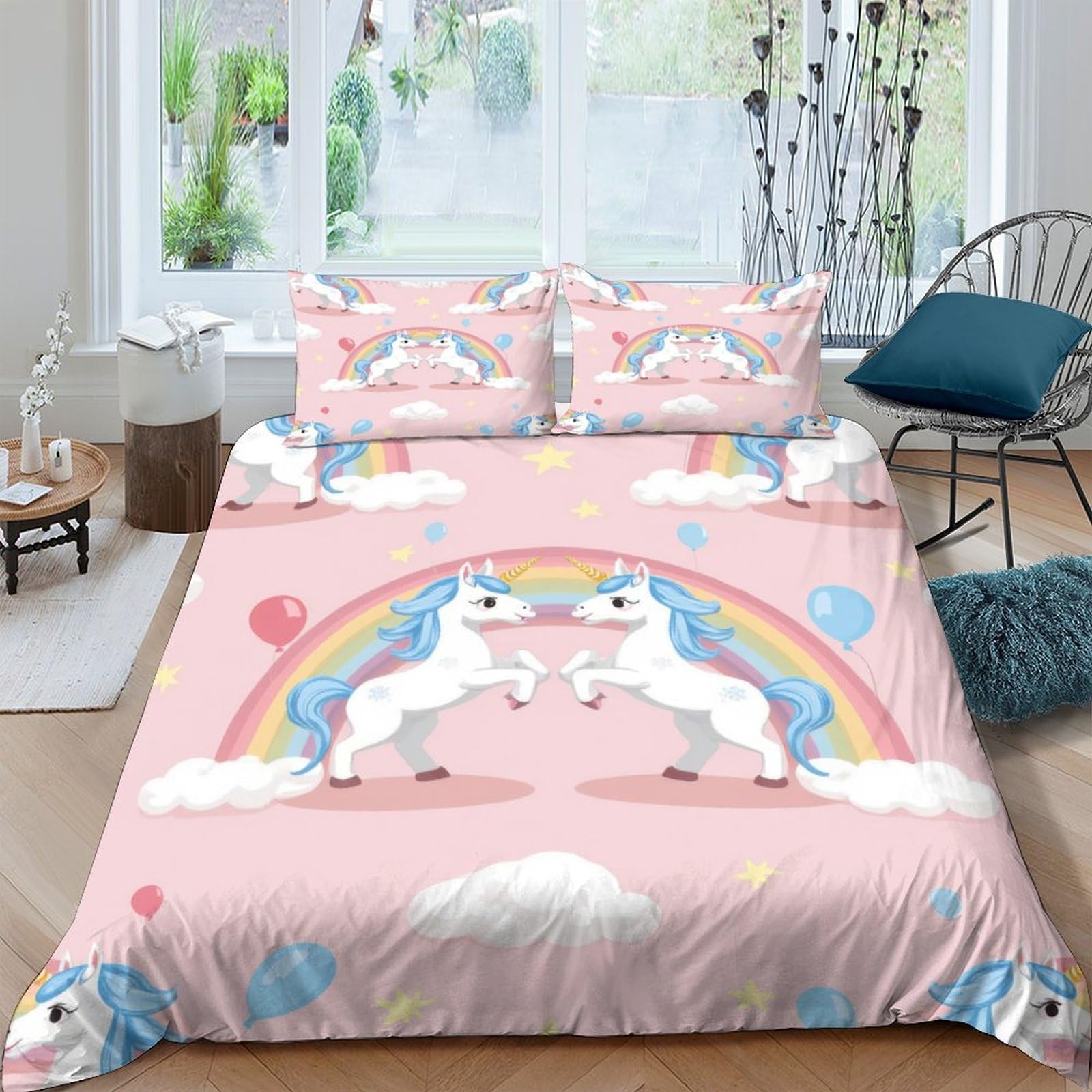 Ctjqhvkz Style-3 3D Printed Pink Unicorn Rainbow Fitted Sheet Microfiber Soft Anti-Slip Cloud Bed Cover For Bedroom Dorm Easy Care Single（135X200cm）
