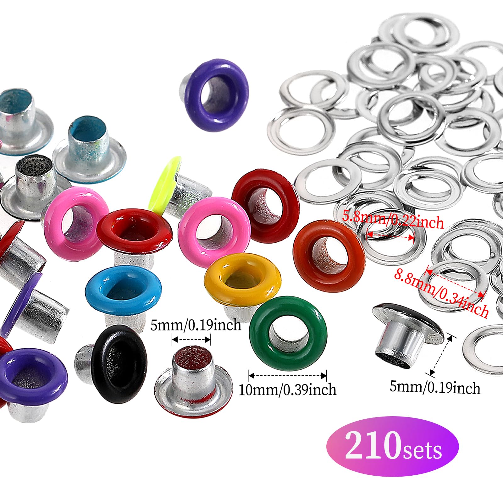 210 Set 5mm Eyelets and Grommets for Paper Crafts 3/16 inch Colored Metal Eyelets Grommets with Washers, Round Eyelets for Paper Crafts Fabric Leather Craft, Shoes Clothes Eyelets Hats Tents Repair