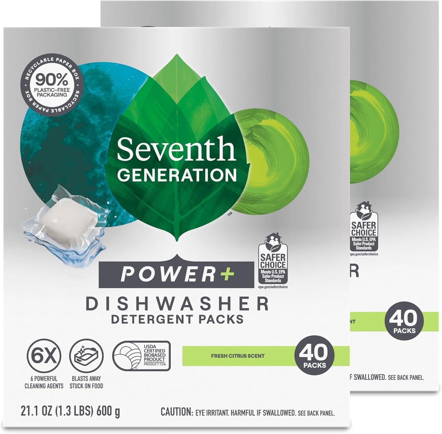 Seventh Generation Power Plus Dishwasher Packs, Fresh Citrus, 40 Ct, 2-Pack