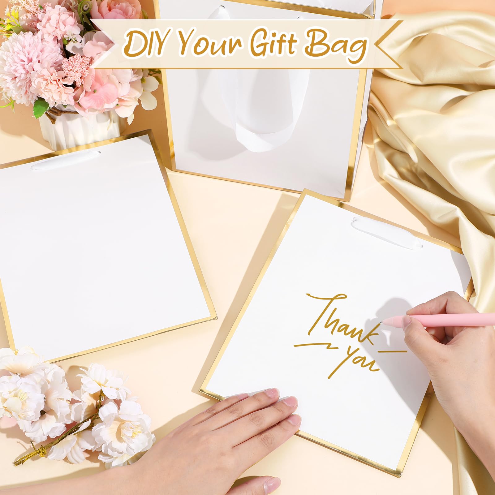 Yeaqee 50 Pack Metallic Gift Bags with Handle and Tissue Paper Gold Foil Thank You Bag for Graduation Wedding Groomsmen Bridal Baby Shower Gifts Holiday Party Favors 9x7x3.15'' (White Gold)