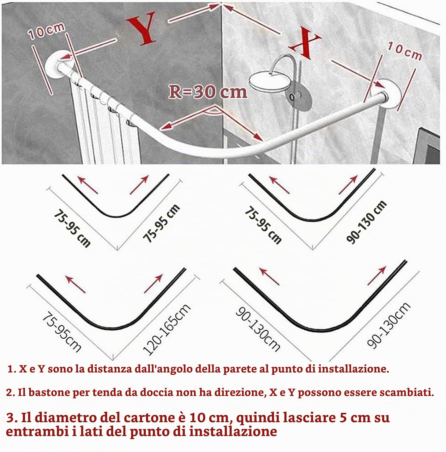 Bastone Tenda Doccia Angolare a Pressione a Forma di L, Asta Per Vasca Da Bagno a Tensione, Bastone 70 to 95cm x 70 to 95cm