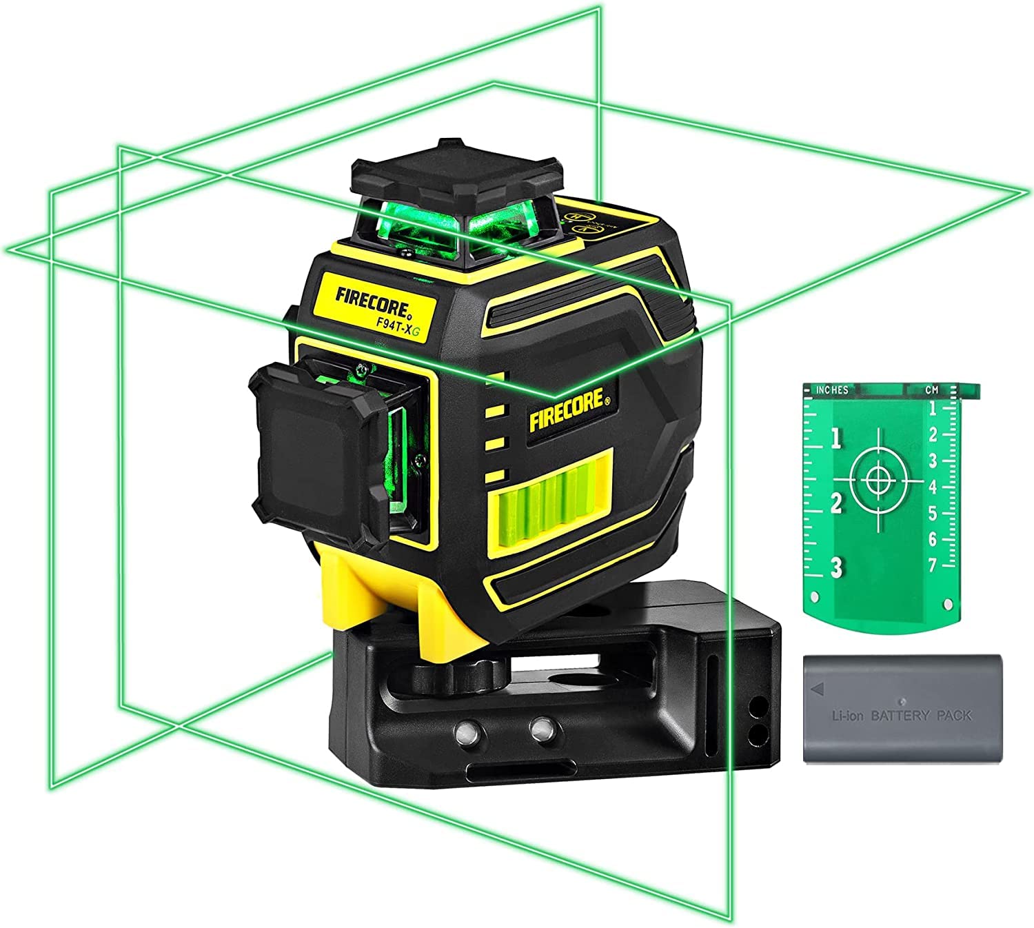 Firecore Laser Level, 3×360° line Laser with Bracket, self-Leveling Green Laser Level with Lithium Battery, Pouch Included -F94T-XG