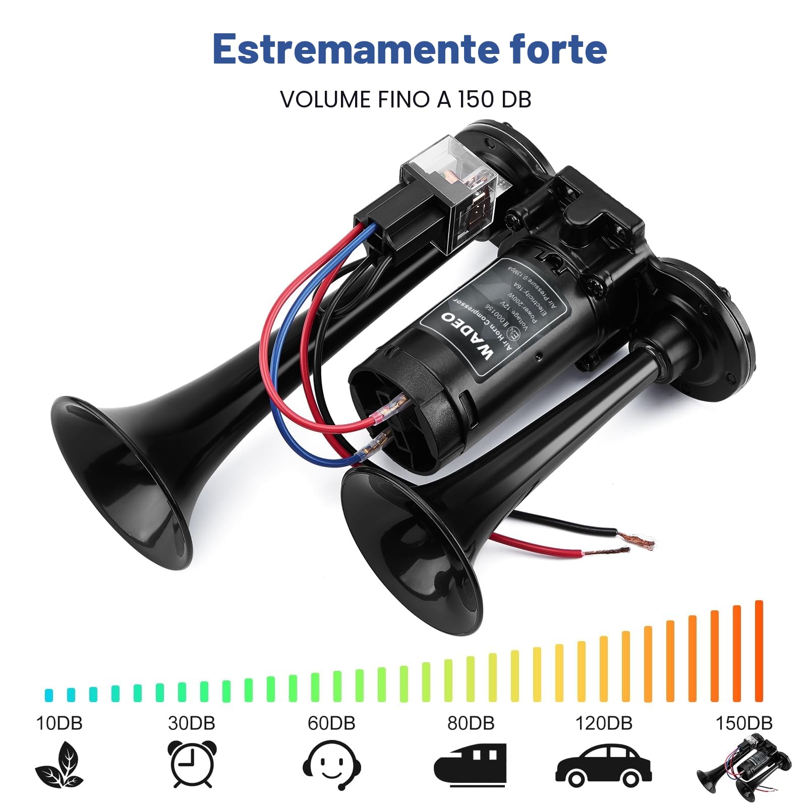 WADEO Clacson Auto, [Super Rumoroso da Svegliare i Morti] Tromba 12V con Compressore per Camion, Treni, Barche, Moto, Furgone