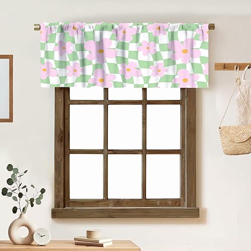 Miniatura 15 de Cortina de cenefa floral de los años 70, diseño retro con estampado de flores amarillas y verde lima, estilo de los años 70 y 60, cenefa con 70