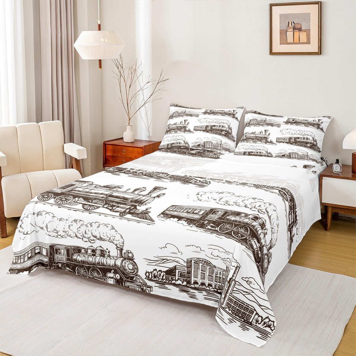 Manfei Retro Steam Locomotive Kids/Adults Room Decor Bedding Set, King Size, Vintage Style - 4pc with Deep Pocket Fitted Sheet + Flat Sheet + 2 Pillowcases
