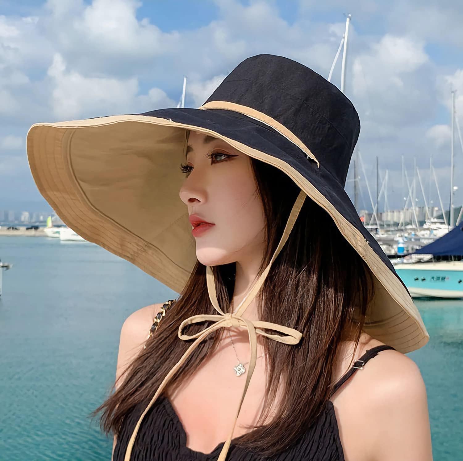 HUAMULAN Women Wide Brim Summer Sun Hat Wired Edge Beach Bucket Fishing Hats Reversible Foldable Travel UV Protection - Image 6