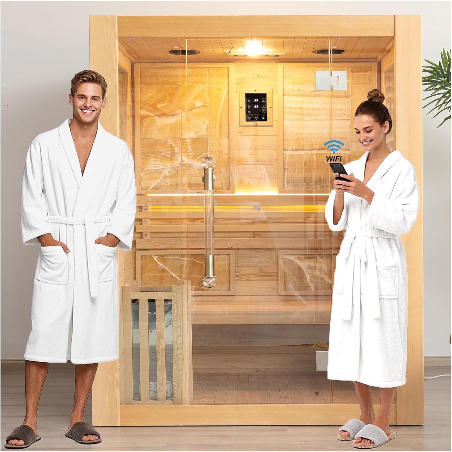 Smartmak Wood Home Steam Sauna, WiFi Control 3 Person Canadian Hemlock Traditional Luxurious Wooden Indoor Spa Room, with 4.5 kw Heater, Speaker, Rocks, Water Bucket, Spoon, Sky Lights