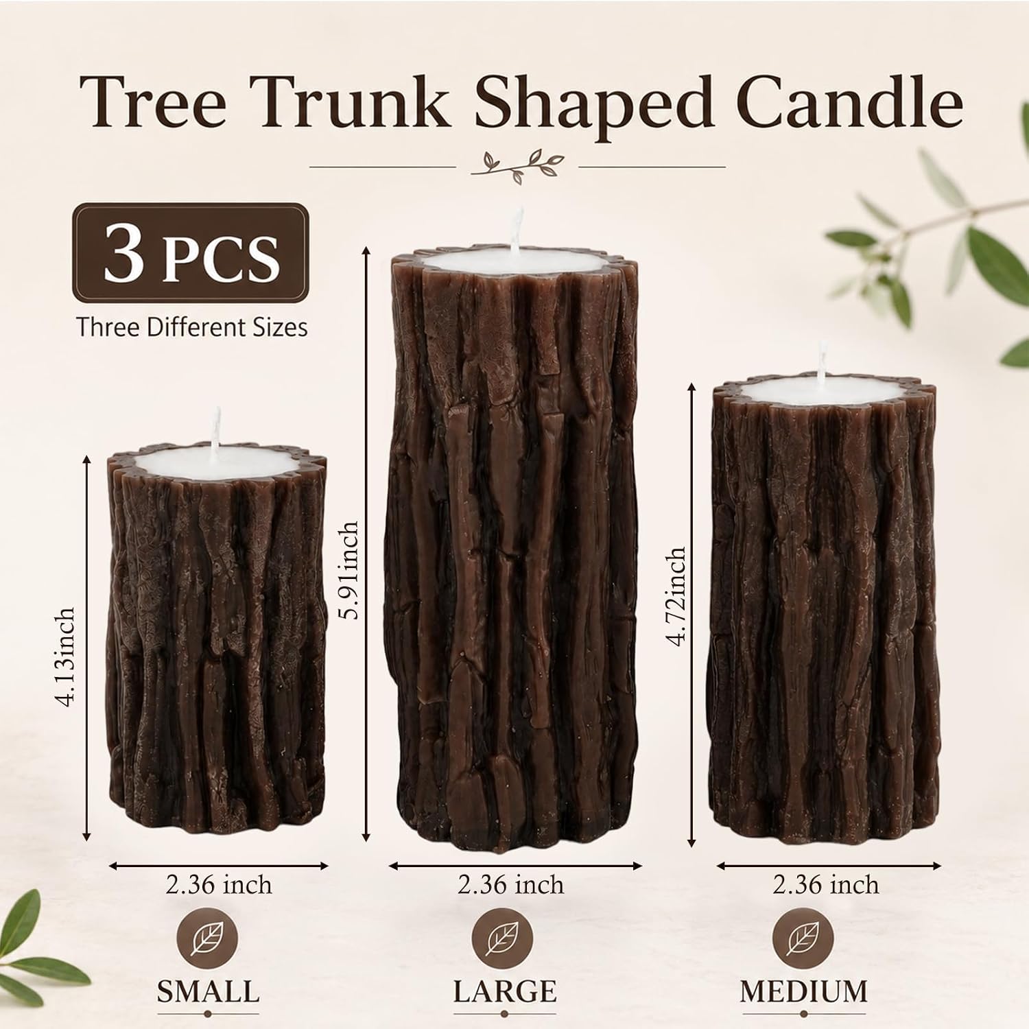 Rustic Realistic Pine Tree Bark Texture Pillar Candles Set of 3, Real Wax Unscented Woodland Fireplace Candles (4", 5", 6" Tall) for Home Fireplace Wedding Autumn Christmas Decor