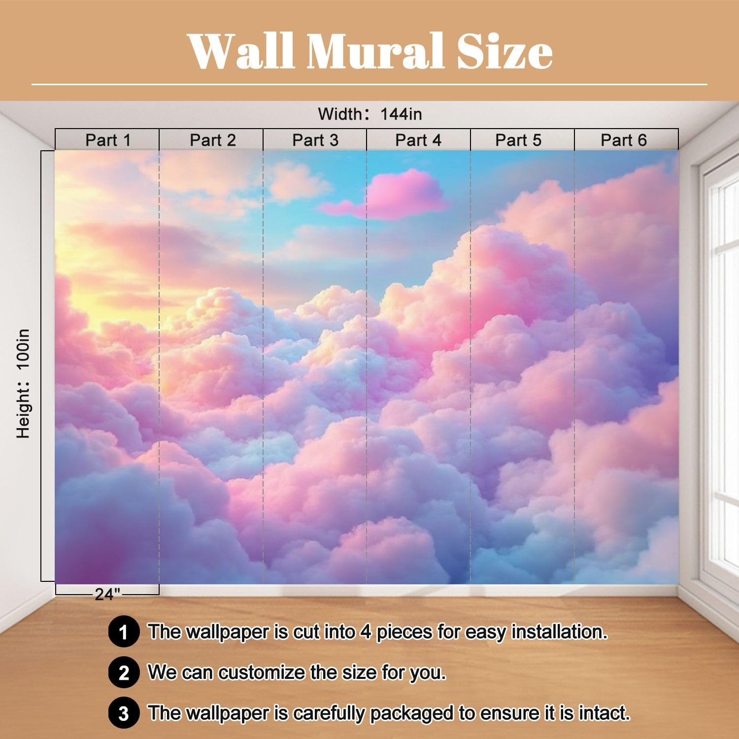 Colorful Cloud Fluffy Clouds Pink Purple Tones Golden Sunrise Sky Wall Mural Peel & Stick Wallpaper Removable Self-Adhesive Large Wall Sticker Wall Decor for Bedroom Living Room Nursery 100"x144"