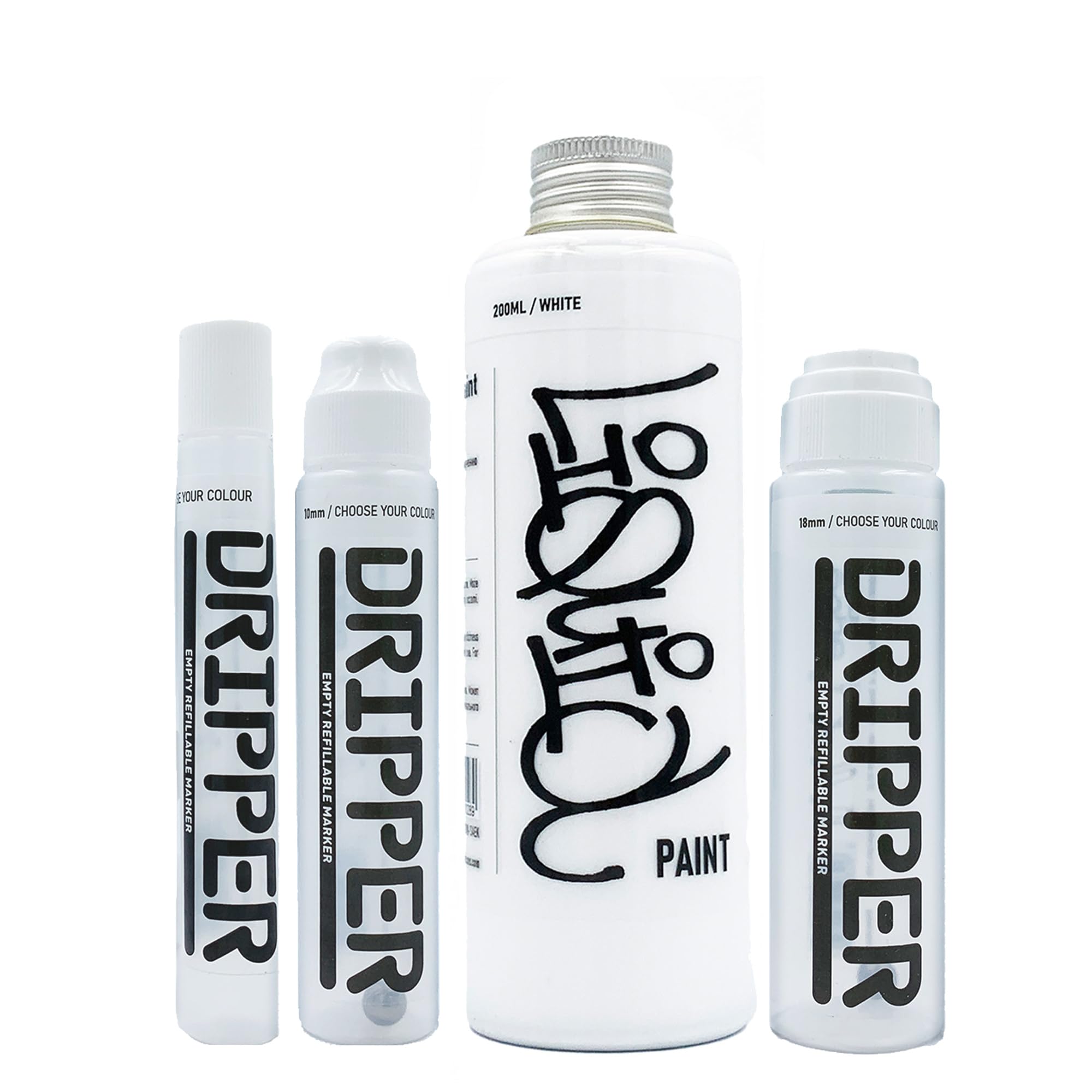 Liquid Paint & Dripper Bundle Dope, Multi Colour Refill & Multi Size Empty Mop Marker Graffiti Art Pack, Permanent 200ml Alcohol Based Paint (White)