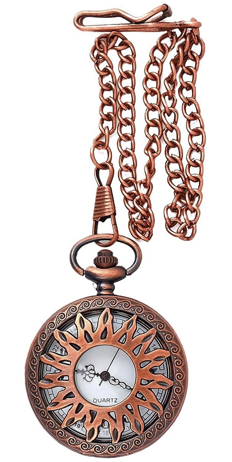 FALEDA Bronze Classic Vintage Retro Antique Skeleton Hollow Sunflower Pocket Watch with Chain 2001BW