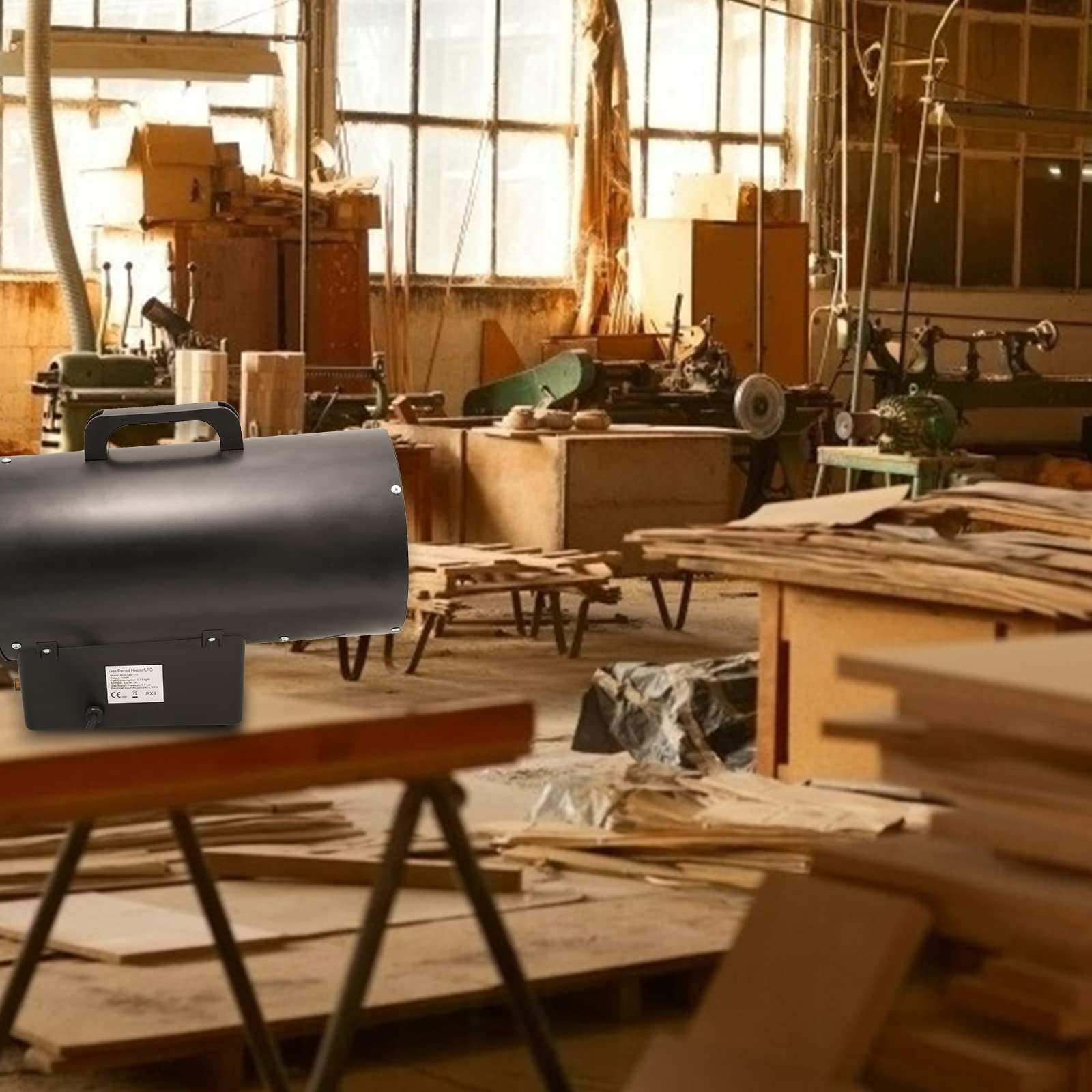 Gasheizgebläse Heizkanone Gasheizer mit 1,2m Gasschlauch und 700 mbar Druckminderventil Edelstahl Gasheizgebläse, 220V Piezozündung und Tragegriff (30KW)