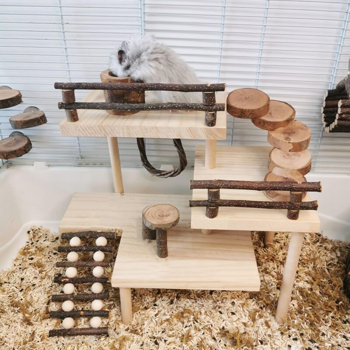Alnicov Hölzerner Hamsterkäfig-Plattform-Kletterspielplatz mit Brücke Natürliches Lebensraum-Klettersystem