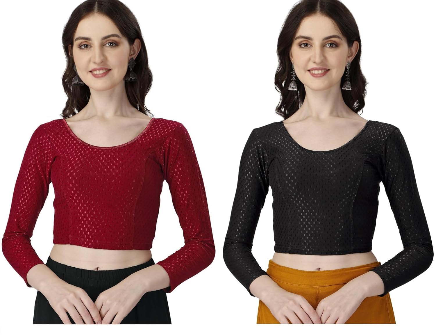 KRISHIV FASHION Round Neck | Cotton Lycra | Stretchable | Full Sleeve | Readymade Saree Combo Blouse for Women Stylish (46, Maroon-Black)-picture-13