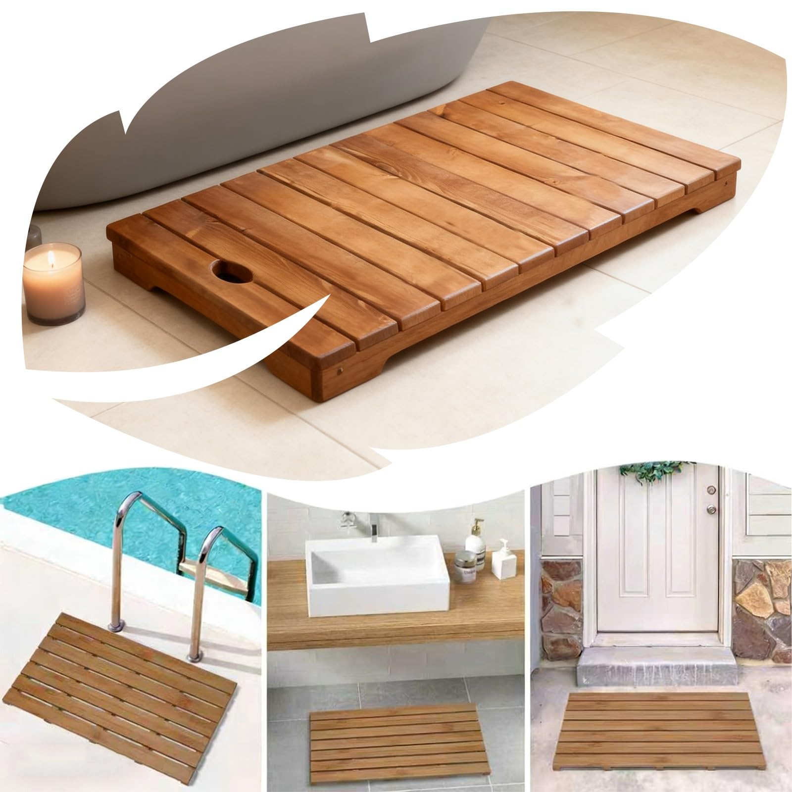 Alfombra De Baño De Bambú For Piso De Baño, Alfombra De Madera Antideslizante Natural, Fuerte Capacidad De Carga, For Ducha/Bañera/Inodoro Interior(40x60cm)