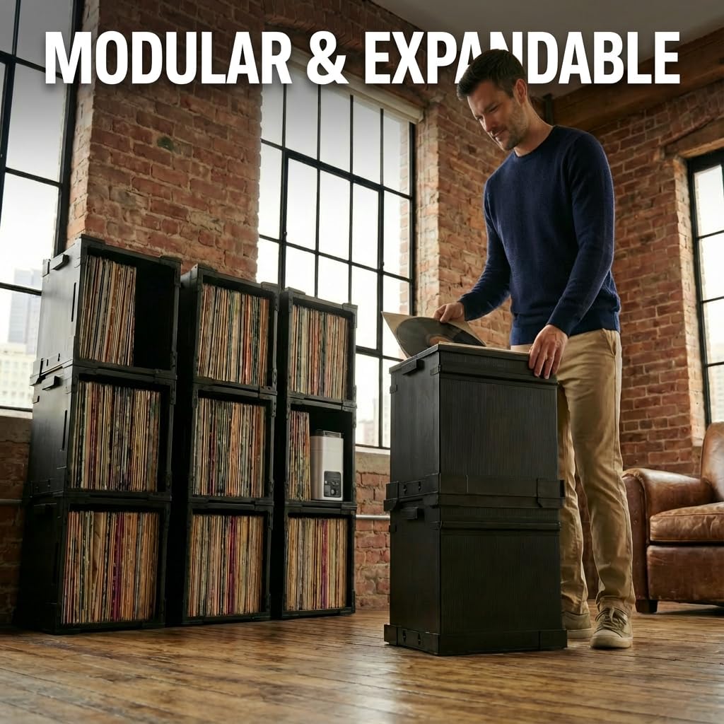 HumminGuru FlexiCube Caja para Guardar Discos de Vinilo Organizador Apilable 12 Pulgadas 70 LP Estante Modular Plegable (3 cubos)