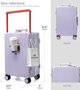 feilario Aluminum Frame Wide Handle PC Carry On Luggage, TSA Lock | PC shell, luxury hard side, cup holder and double spinner wheels support polished airport moves and business trips