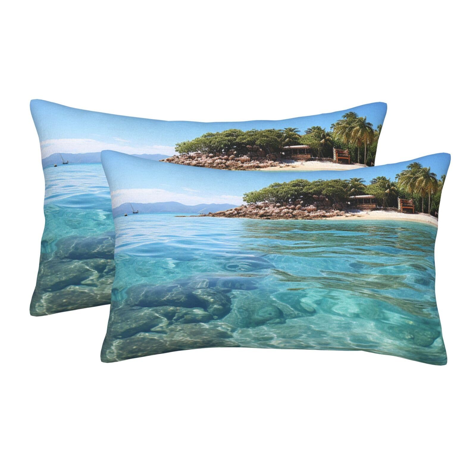 2 Pack Standard Size Pillow Cases for Hair and Skin Soft Breathable Pillow Case Covers with Hidden Zipper Fiji Island and Clear Sea Pillowcase 14"x20" Pillow Cover for Sleeping Gift