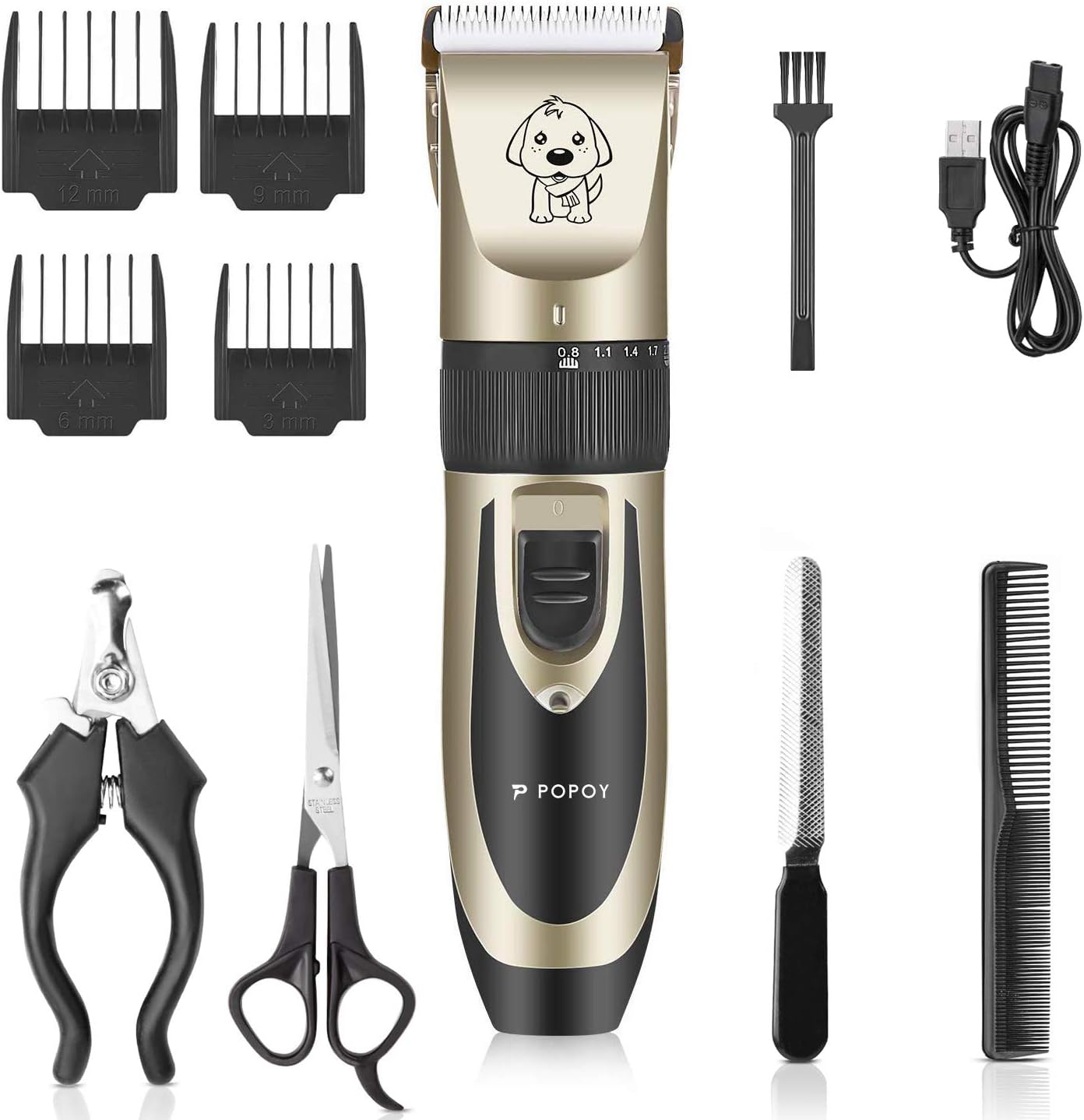 POPOY Pet Dog Electric Hair Clipper Low Noise Cordless Rechargeable Profession Fast Cutting (Gold)