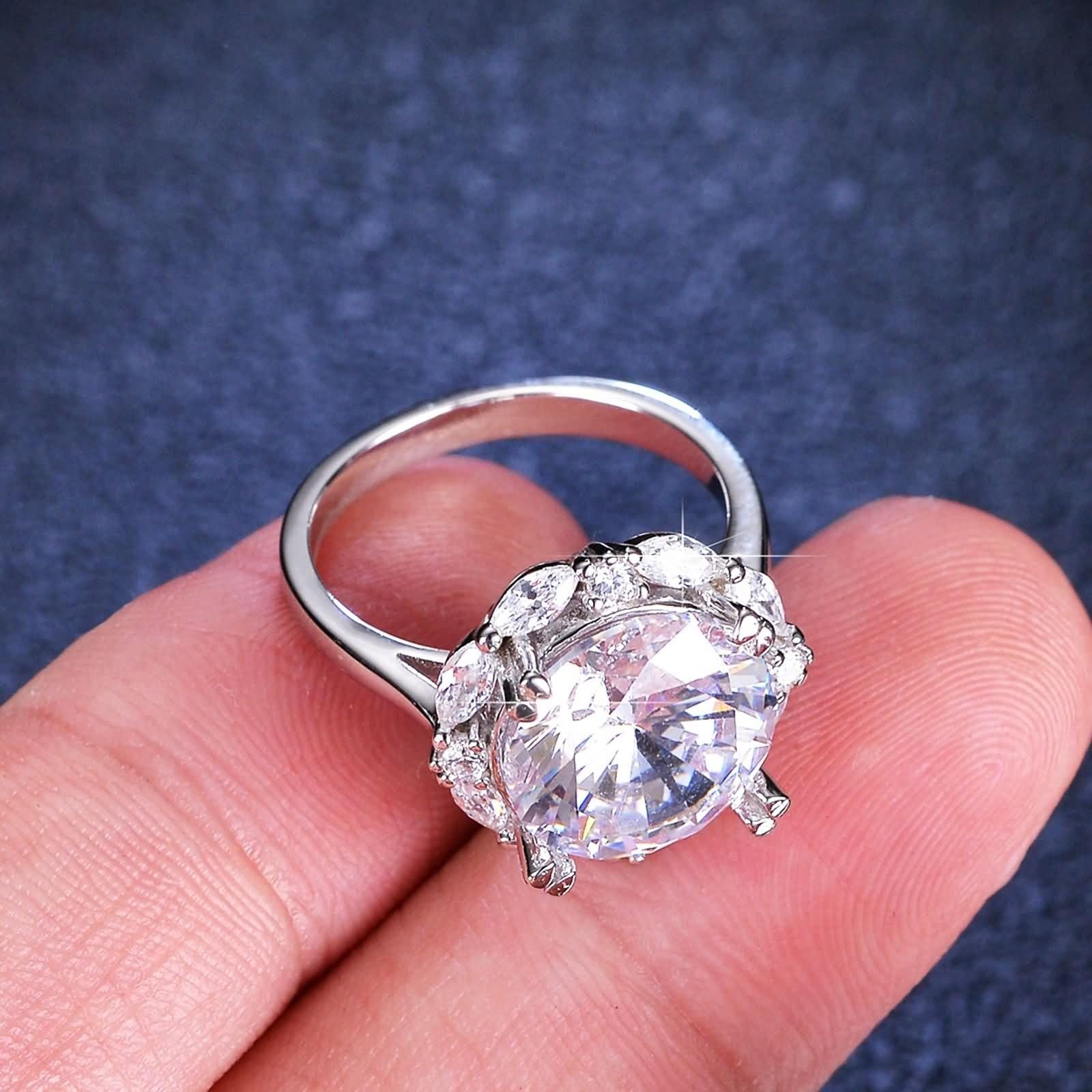 Alianzas decorativas de boda, anillo ancho y lujoso, redondo, 4 garras con moissanite de 5 quilates, plata de 9 quilates, oro blanco de 9 quilates, talla 49 (15,6)