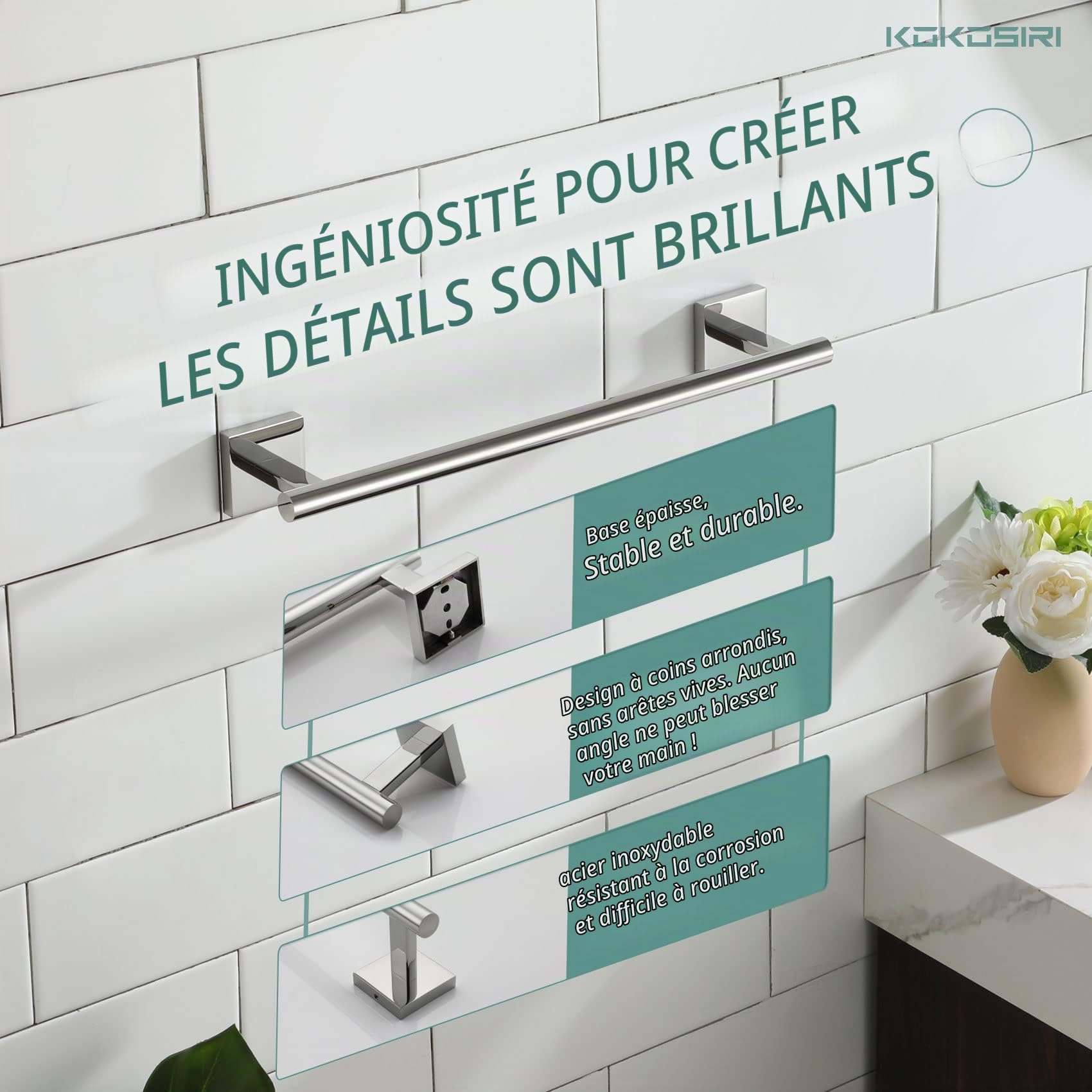 KOKOSIRI B4005CH-L16 Barre porte-serviettes en acier inoxydable pour salle de bain, cuisine, toilettes ou armoire, fixation murale, 40,6 cm, couleur chrome